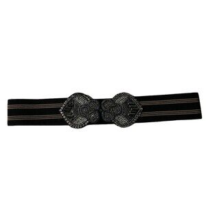 Boho Beaded Belt Buckle Black Elastic Stretch Vintage Retro Bohemian